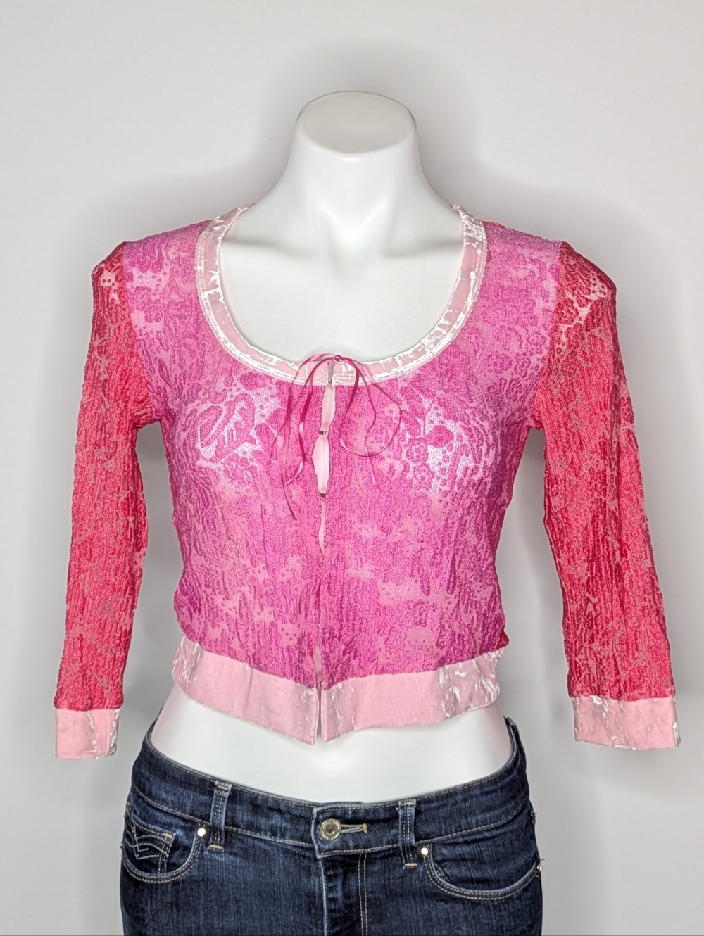 Vintage Guess Y2K Pink Floral Lace Velvet Hem Summer Cardigan M